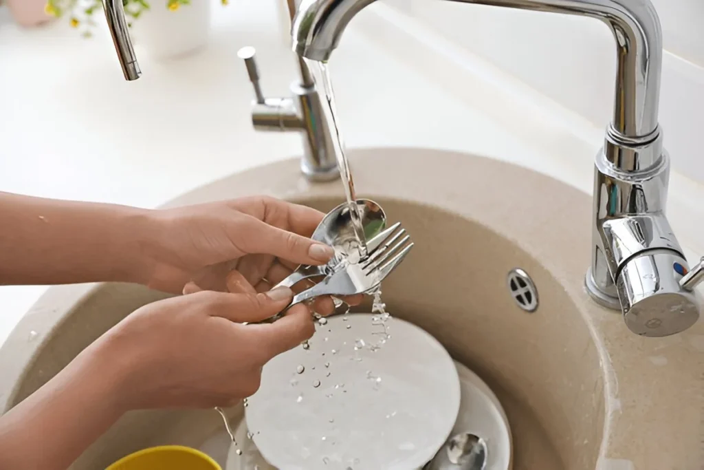 Two hands are rinsing well with dish soap a spoon and a fork after they were cleaned with toothpaste or any chemical polish.