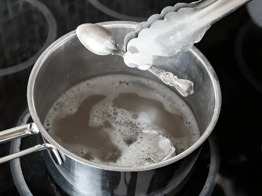 A tong is picking up a spoon from the pot after it is cleaned by being boiled with baking soda and aluminium foil