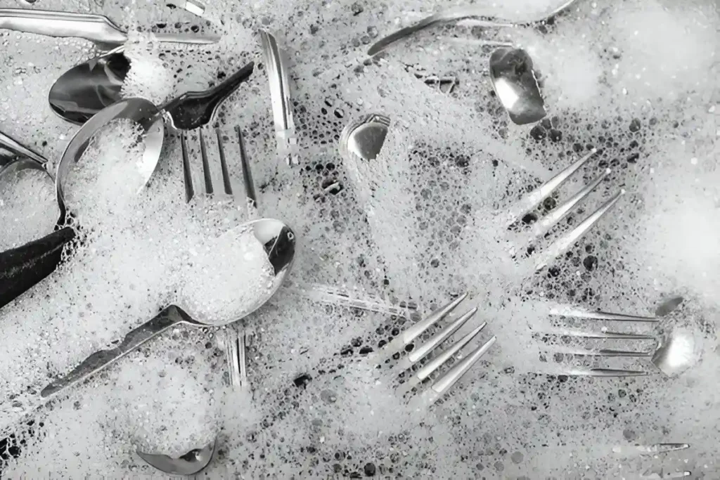 Flatware pieces immersed in warm soaply water as a way for quick and simple cleaning