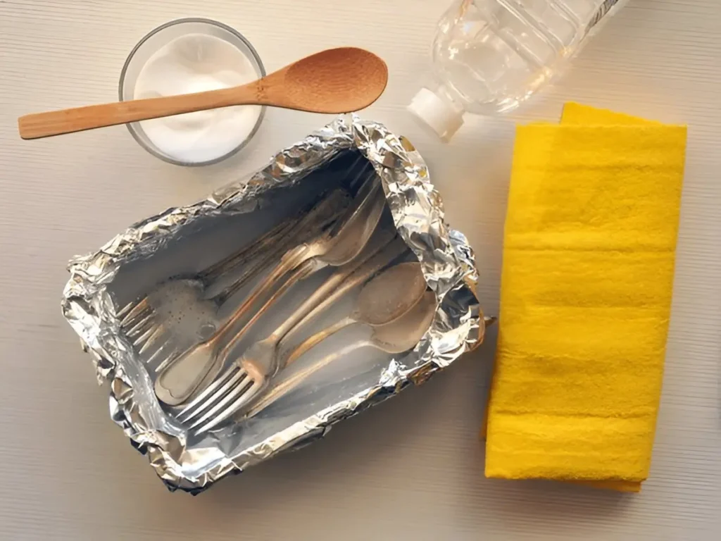 Main kitchen ingredients for cleaning silverware - baking soda, aluminium foil, water, lint‑free and non‑abrasive microfiber cloth