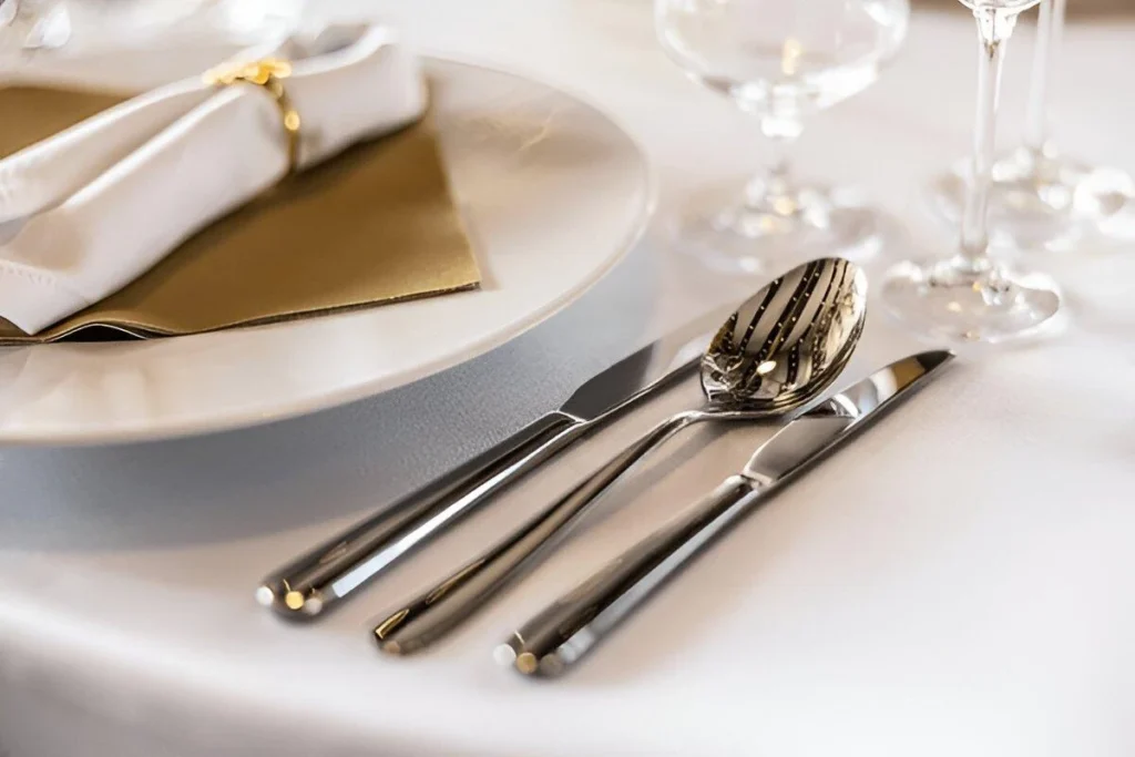A part of silver plated silverware kept on side of a plate