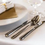 A part of silver plated silverware kept on side of a plate