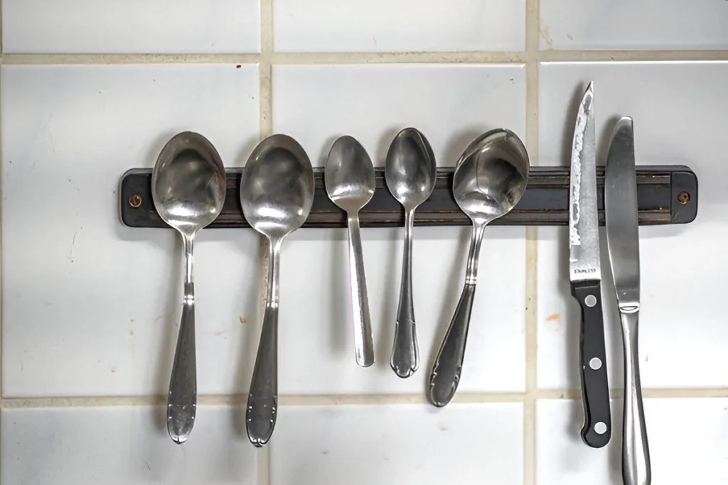 Flatware pieces clinging to a magnet bar mounted on the wall - an evidence that the flatware material is not silver
