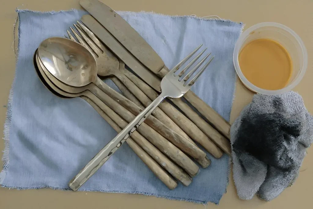 A cup of baking soda kept baside a bunch of flatware to remove silverware water spots