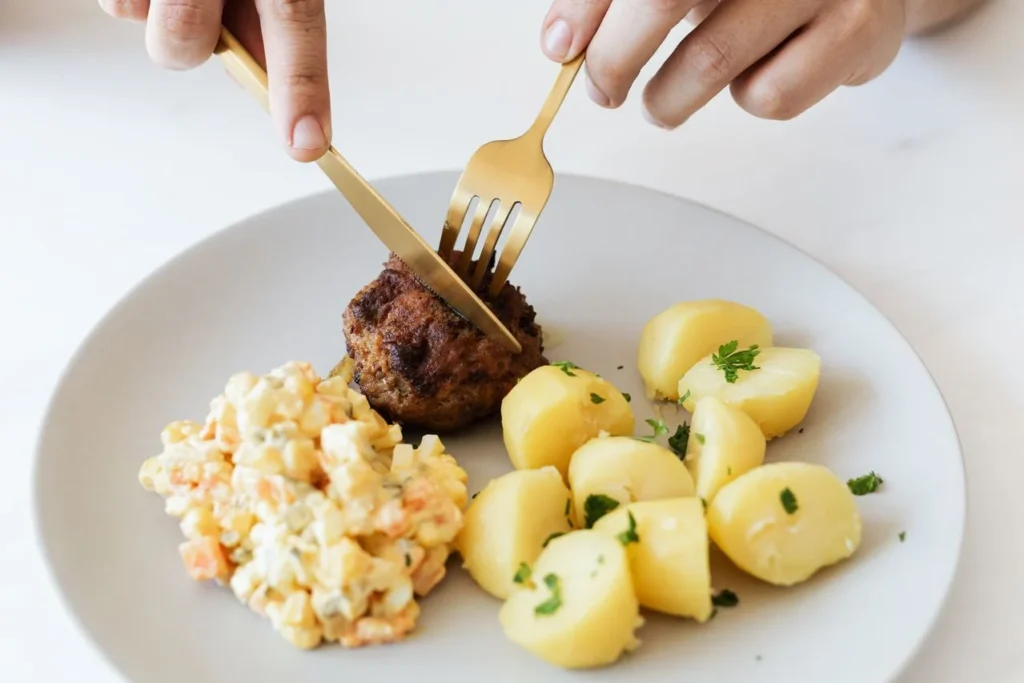 A pair of Godinger knife and fork being used to cut a food piece on a plate