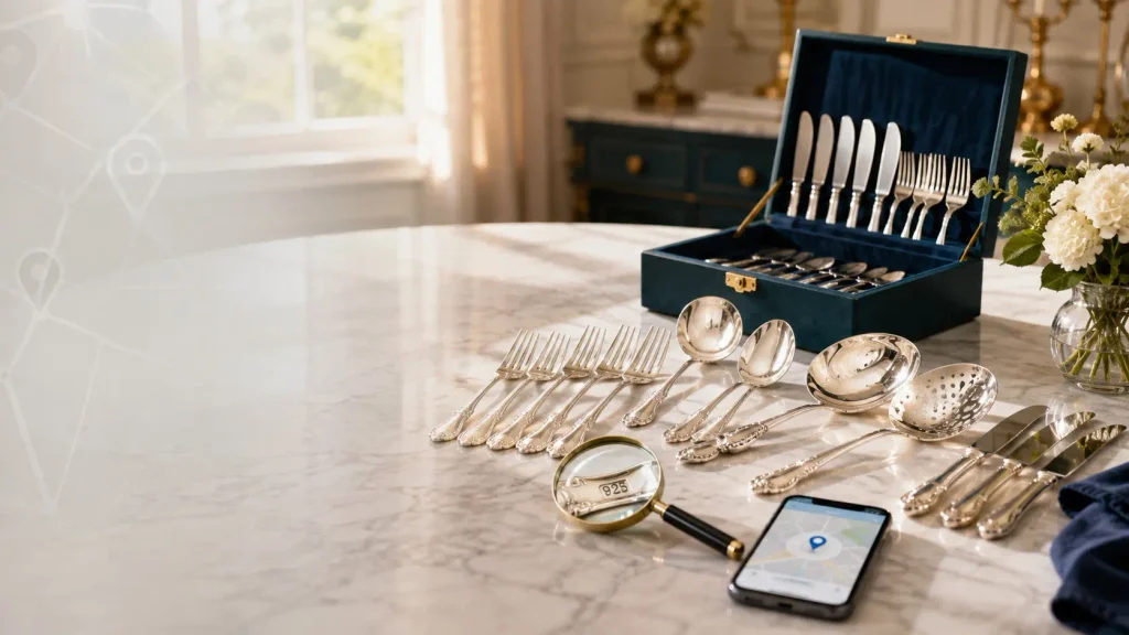 Sterling flatware set, 925 hallmark and phone map for where to sell silver flatware near me