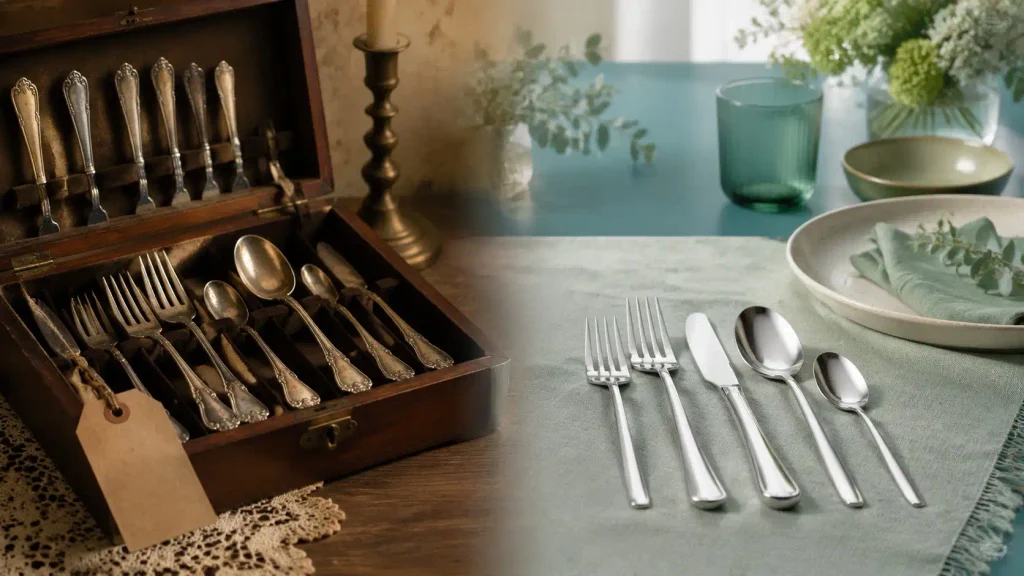 Vintage silverware vs stainless steel flatware shown in traditional and modern place settings