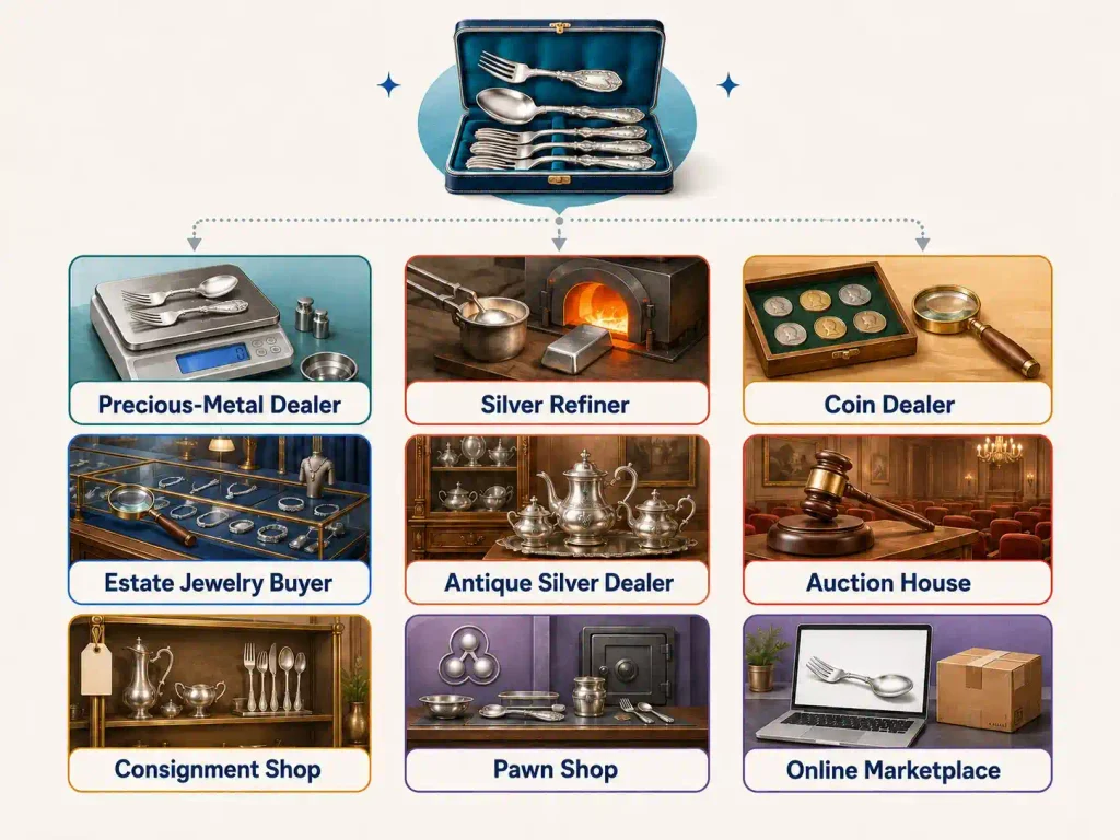 Nine silver flatware buyer types, from precious-metal dealers to online marketplaces