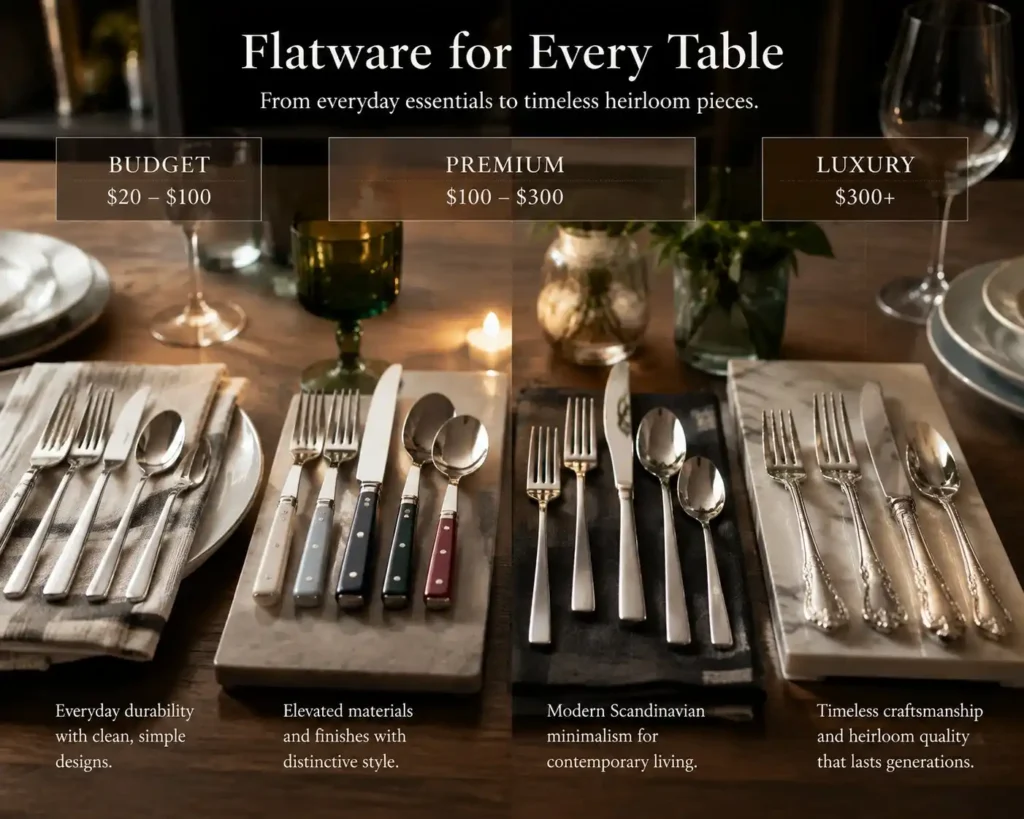 A table with a range of flatware from budget to premium flatware