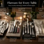 A table with a range of flatware from budget to premium flatware
