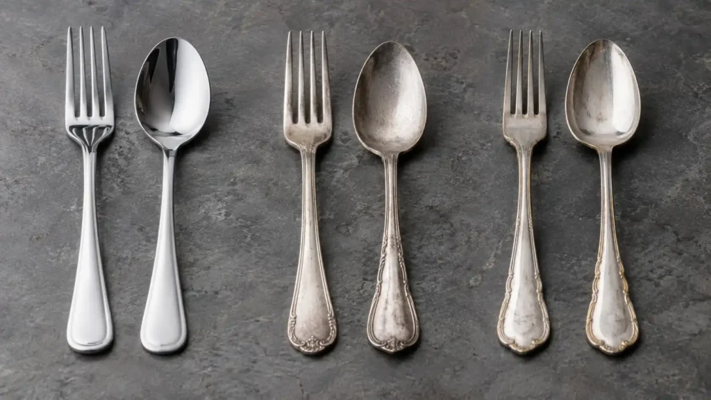 Three pairs of fork and spoon to show differnt materials and to show what is silverware made of