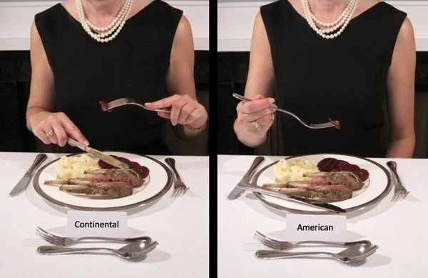 Demonstration of American and Continental ways of use of silverware
