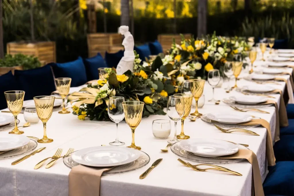A large table setting with high end flatware