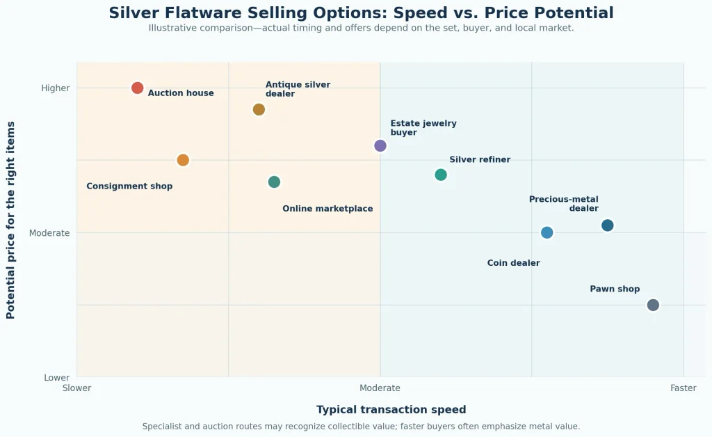 Silver flatware selling options compared by transaction speed and potential price