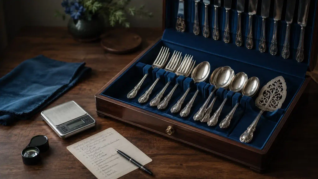 Sterling silver flatware appraisal setup with a scale, loupe and inventory sheet