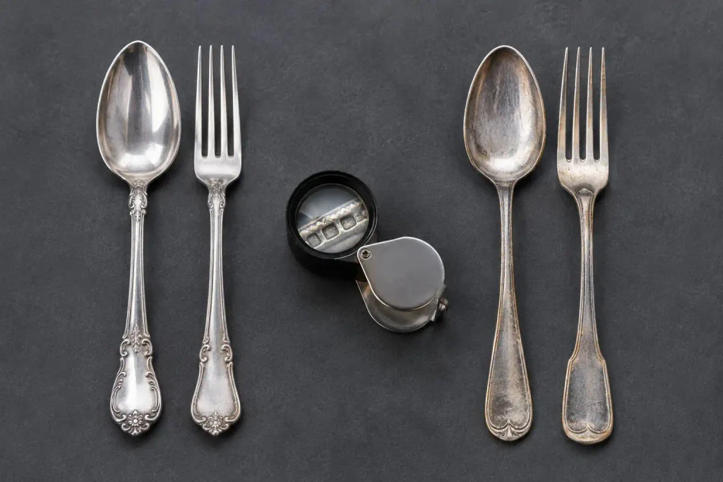 Sterling silver vs silver plate flatware compared with a hallmark under a jeweler’s loupe