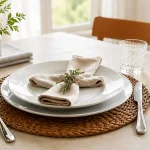 Elegant dining table featuring polished 18/10 stainless steel flatware with white plates, linen napkins, and a premium home dining setting.
