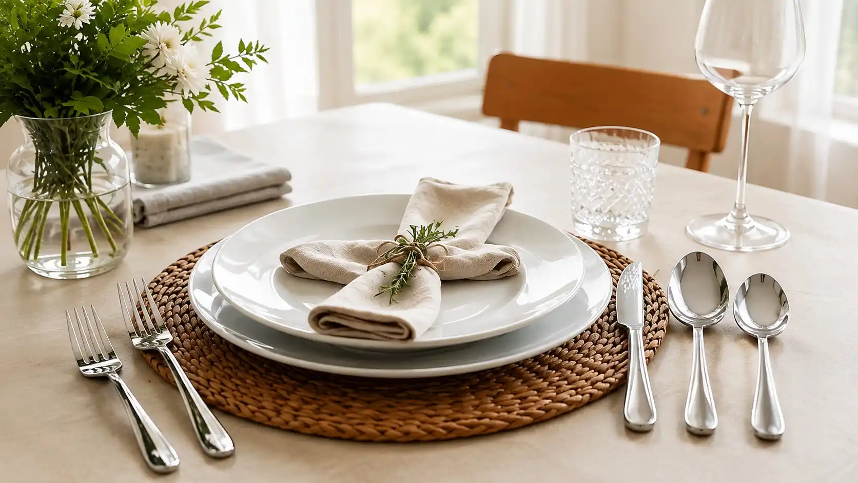 Elegant dining table featuring polished 18/10 stainless steel flatware with white plates, linen napkins, and a premium home dining setting.