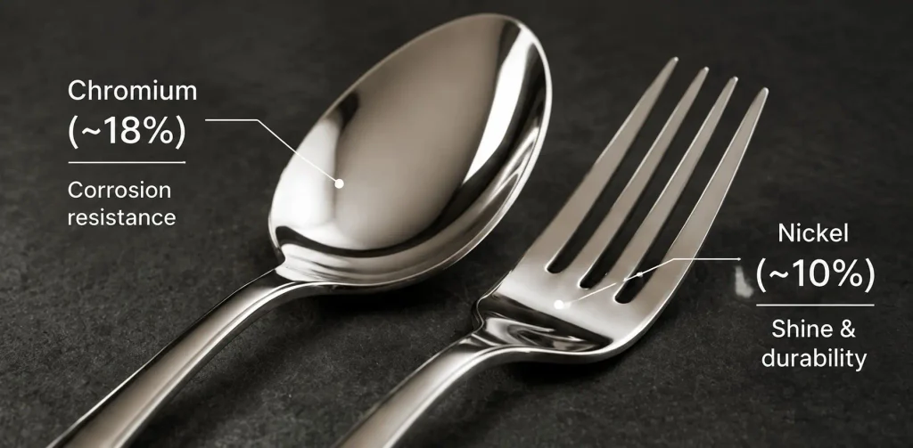 Close-up view of stainless steel flatware showing polished spoon and fork surfaces with an explanation of chromium and nickel composition in 18/10 stainless steel.