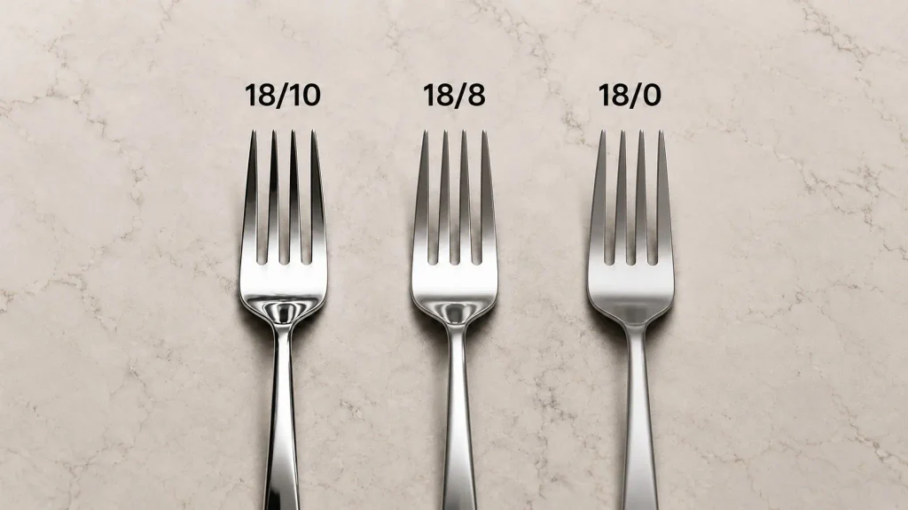 Comparison of 18/10, 18/8, and 18/0 stainless steel flatware grades showing differences in material composition, finish, and appearance.