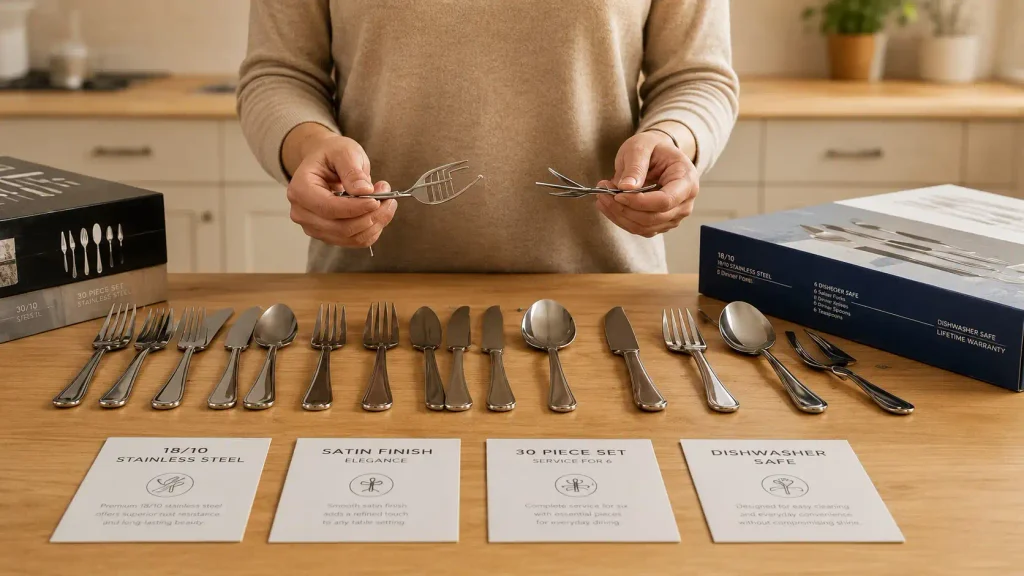 Person comparing different stainless steel flatware sets with specifications and designs displayed on a kitchen table