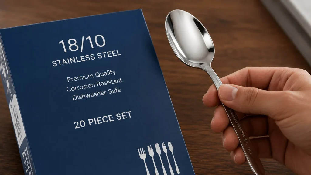 Close-up inspection of stainless steel flatware packaging showing 18/10 material specification details alongside a polished spoon