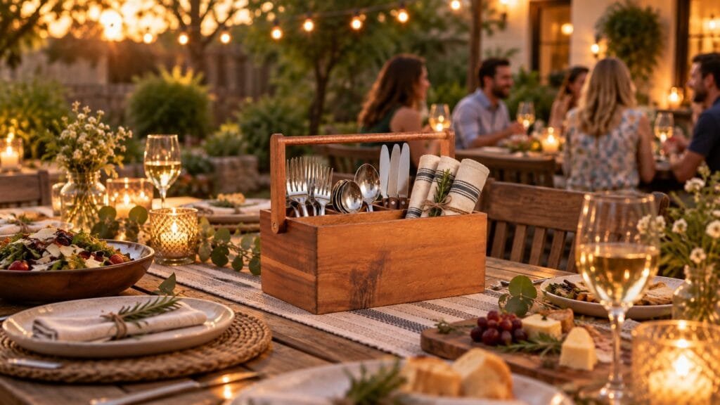 An Acacia Wood Silverware Caddy on a party table outdoors holding flatware and napkins