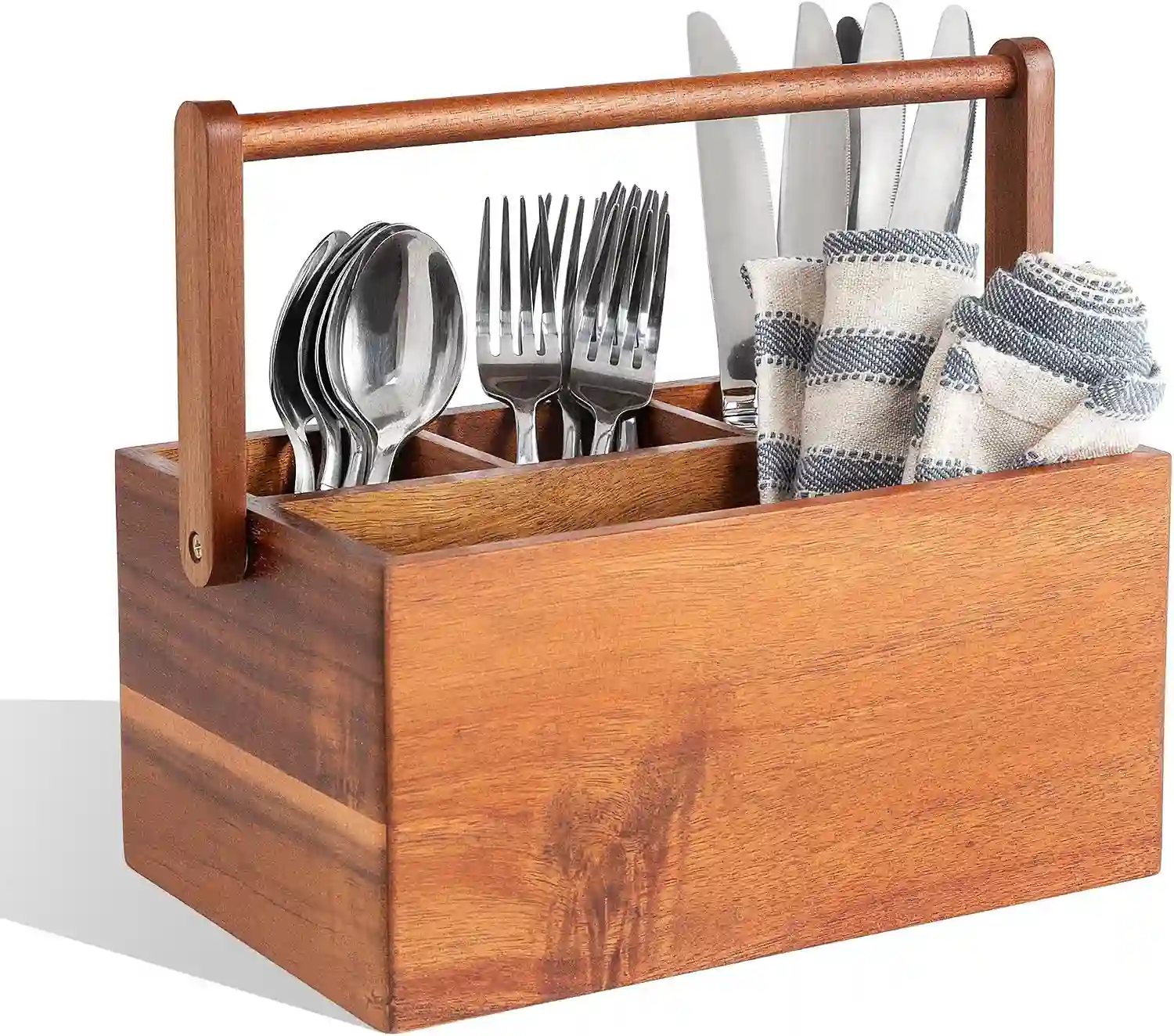 Close-up view of an  Acacia Wood Silverware Caddy