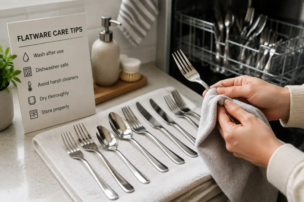 Hands drying polished 18/10 stainless steel flatware with a soft towel beside a dishwasher, showing proper cleaning, drying, and maintenance practices for stainless steel cutlery