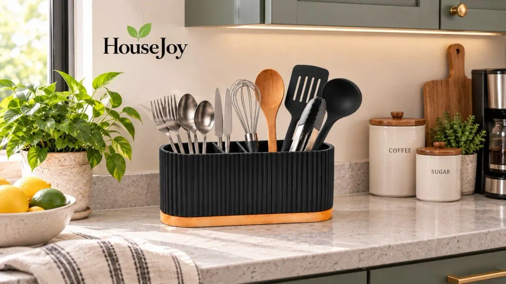 A HouseJoy kitchenware caddy holding kinves, forks and spoons as well as kitchen tools on a kitchen counter