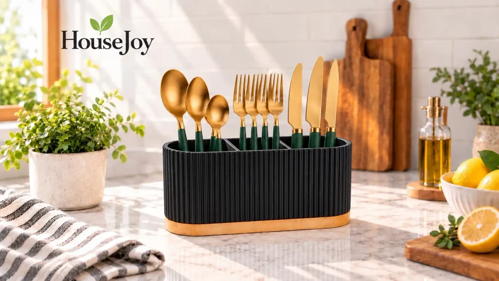 A HouseJoy best utensil caddy holding kinves, forks and spoons on a kitchen counter