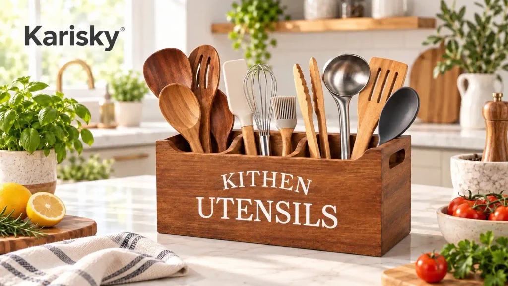 A Karisky Wooden Utensil Holder with some kitchen tools on an island
