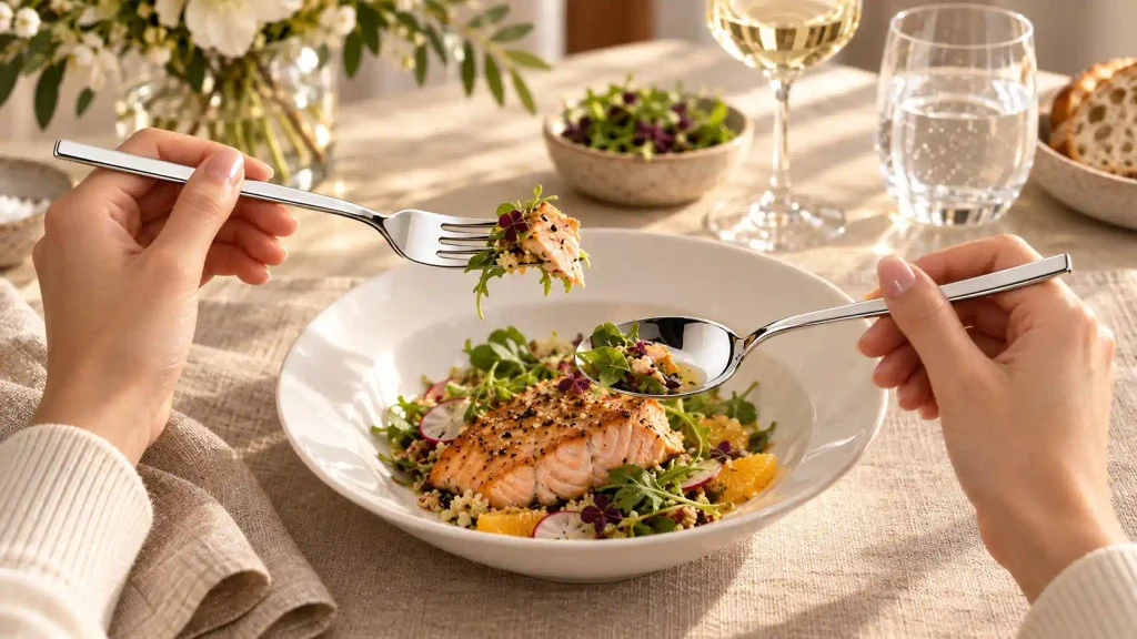 Villeroy and Boch New Wave flatware is being used by two hands on a dining table