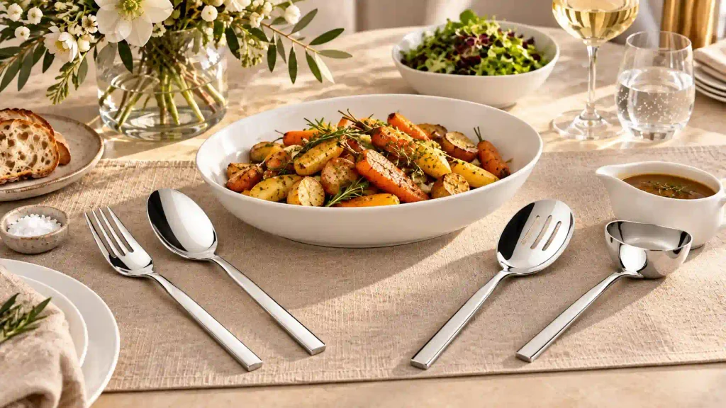 A fork, spoon, and a few serving pieces of Villeroy and Boch 18/10 stainless steel flatware seen on a table