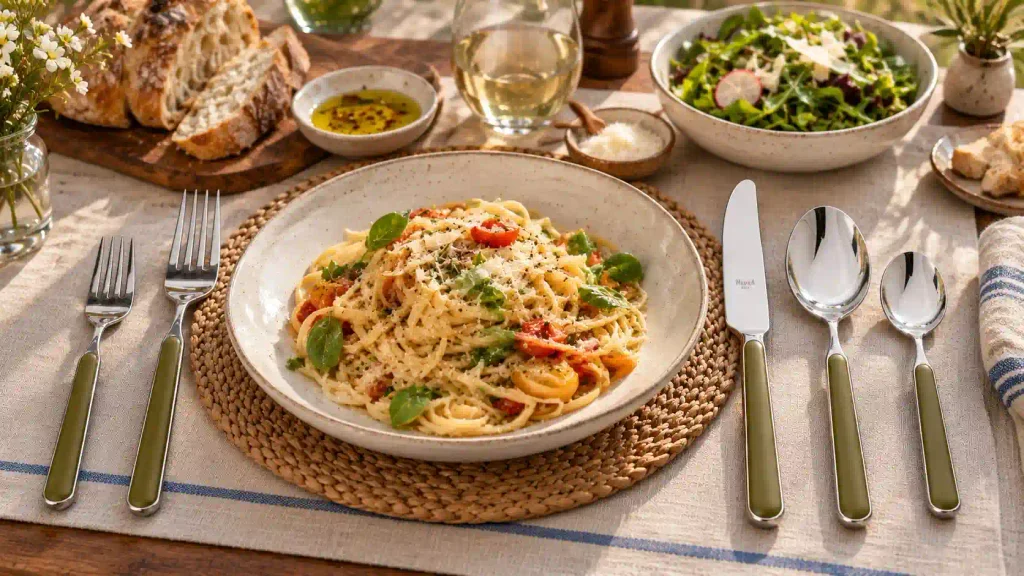 Mepra Fantasia flatware place settings used during a casual Italian dinner