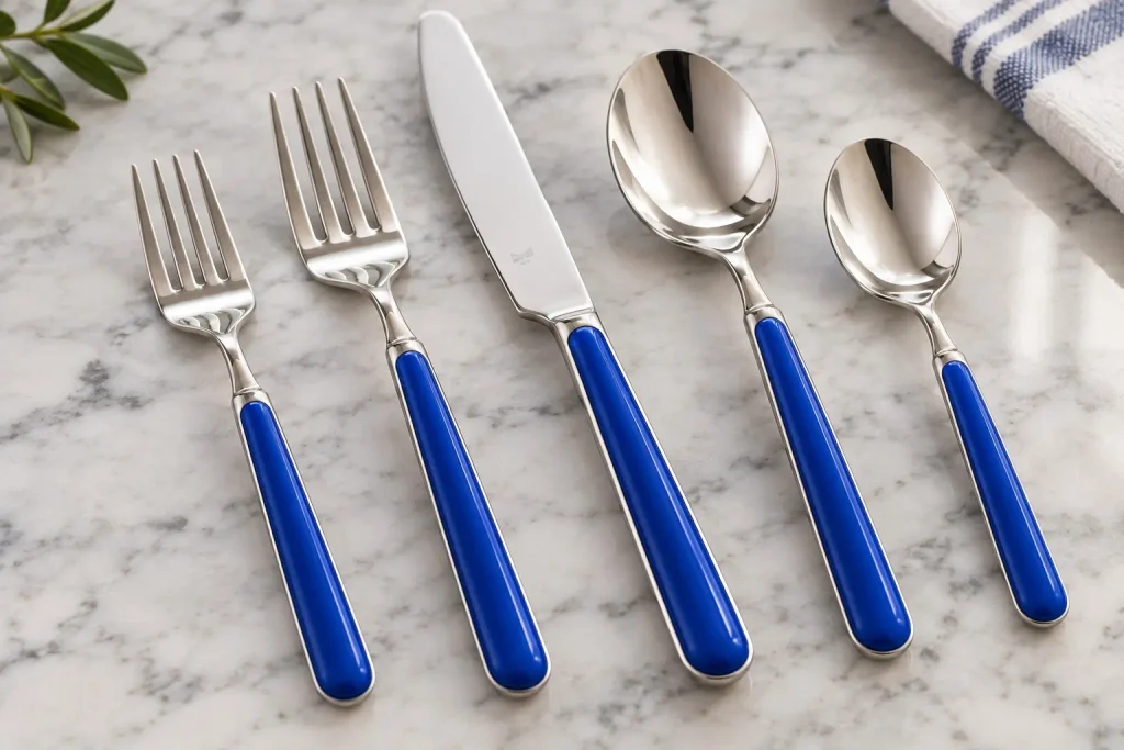 Mepra Fantasia resin handles showing rounded colored grips and polished stainless steel