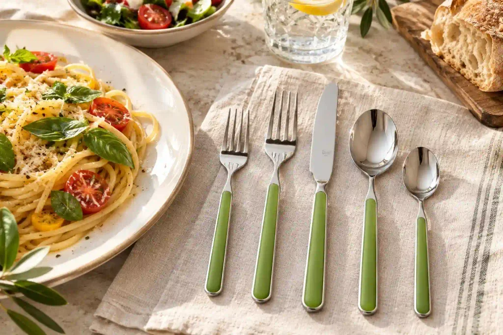 A demonstration of Mepra Fantasia flatware place settings on a dining table
