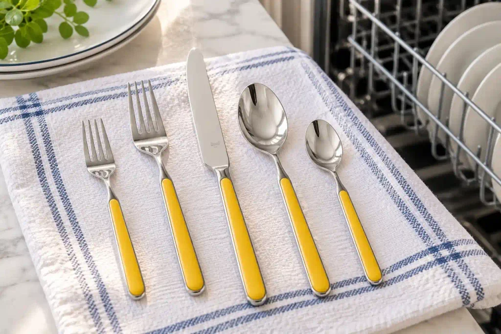 Mepra Fantasia dishwasher safe flatware care illustration showing clean stainless steel cutlery beside a dishwasher