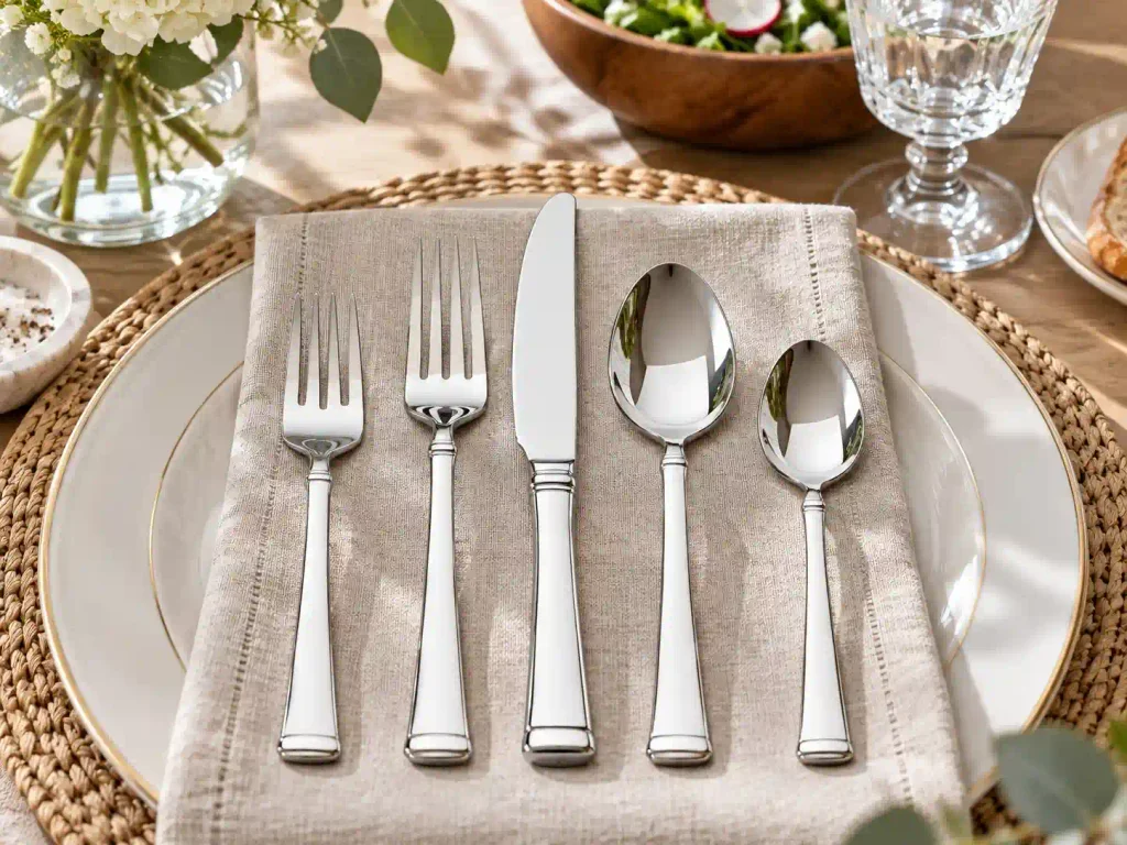 A 5 piece Mikasa Harmony Heavy Weight Silverware setting on a dining plate